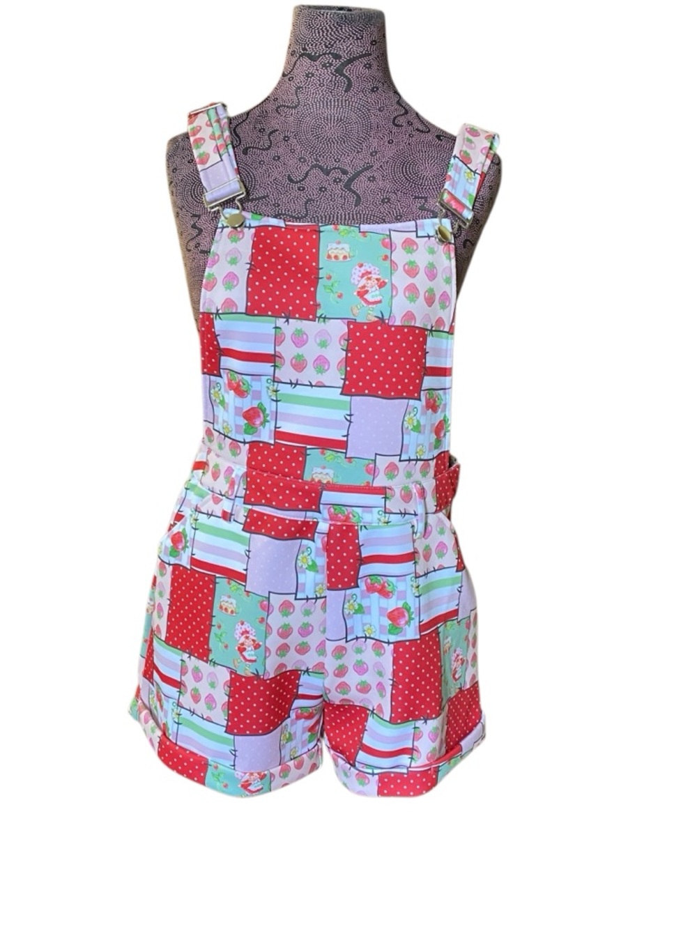 Her Universe Patchwork Strawberry Shortcake Print Short Overalls - Picture 1 of 6